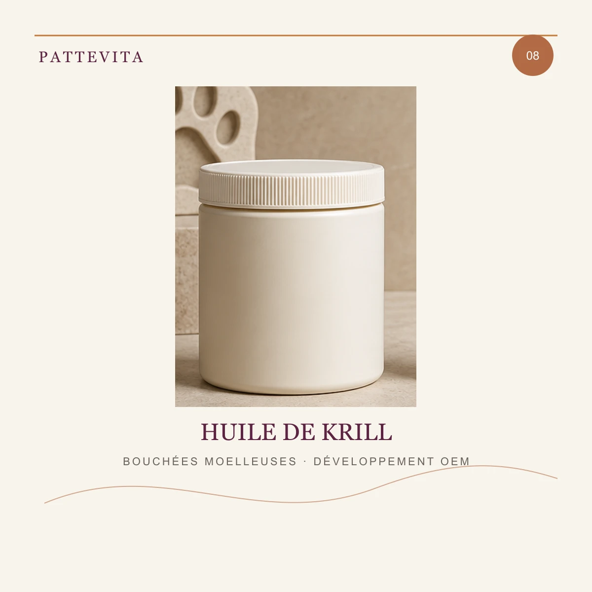 Présentation éditoriale de Bouchées moelleuses — Huile de krill pour une gamme en marque blanche